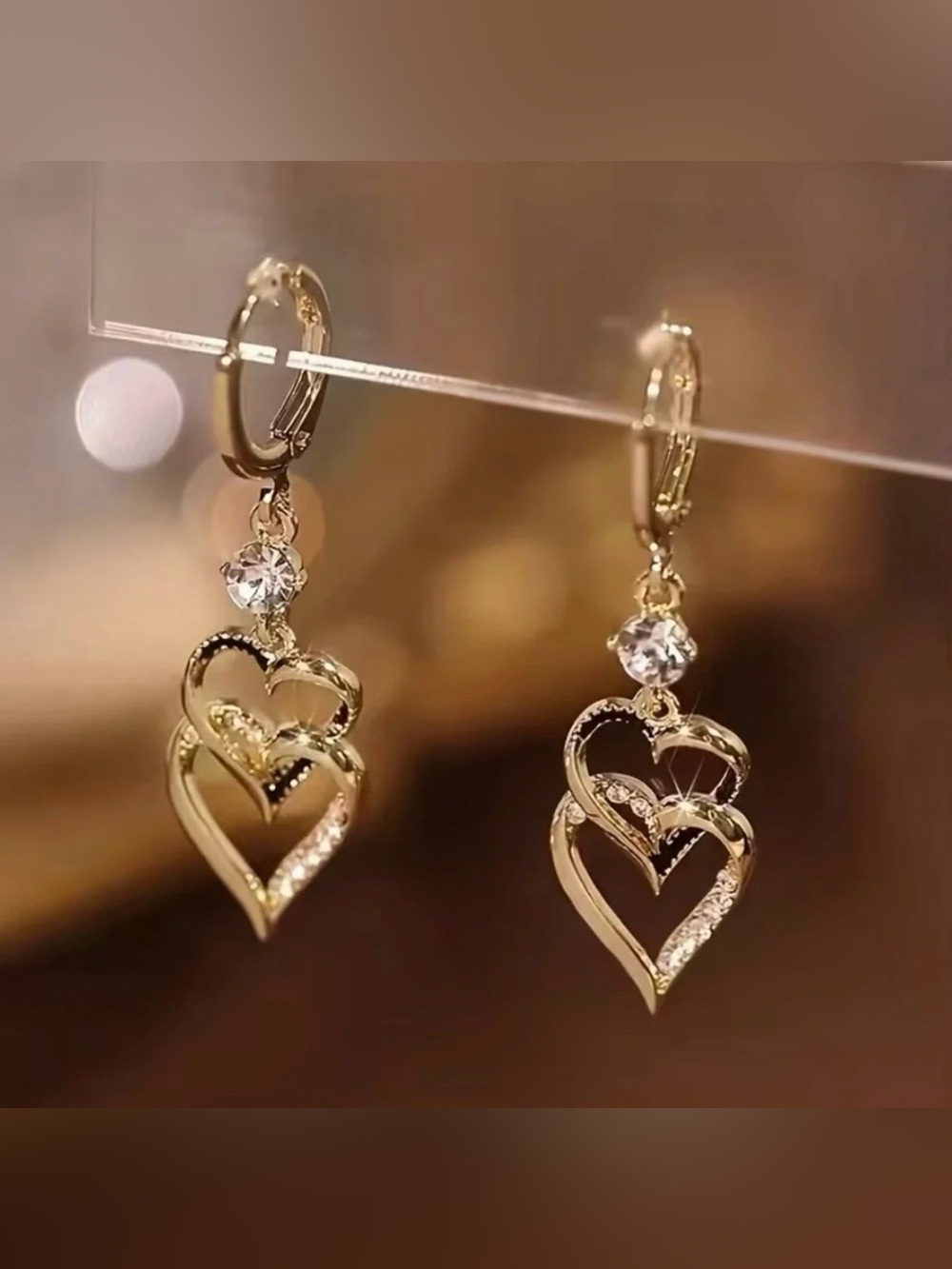 Heart Dangle Earrings with Rhinestone Accents Gorgeous Modern New